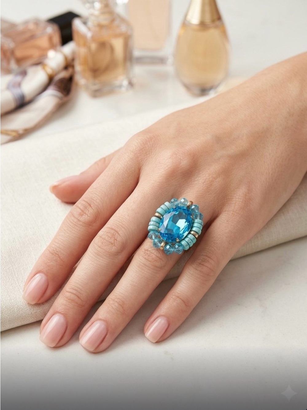 Blue Beaded Crystal Statement Ring - Women